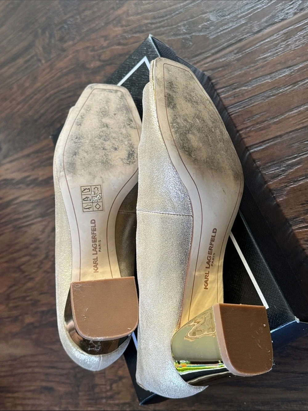 Karl Lagerfeld Metallic Suede Gold Square-Toe Block Heel